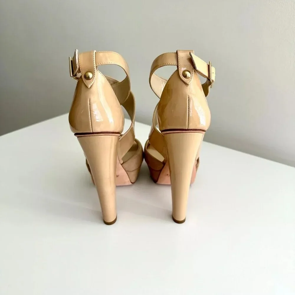 JIMMY CHOO Patent Leather Suede Platform Ankle Strap Sandals in Nude Size US 9